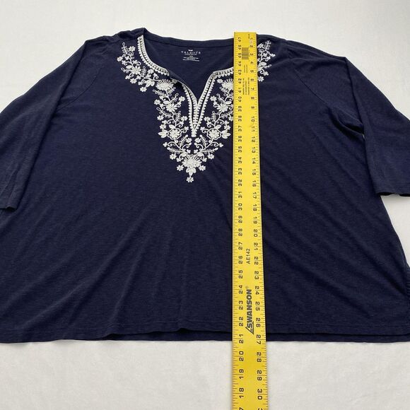 Talbots Navy Blue Top Split Neck Embroidered Cotton Blend Blouse 3X Petite - Picture 5 of 7